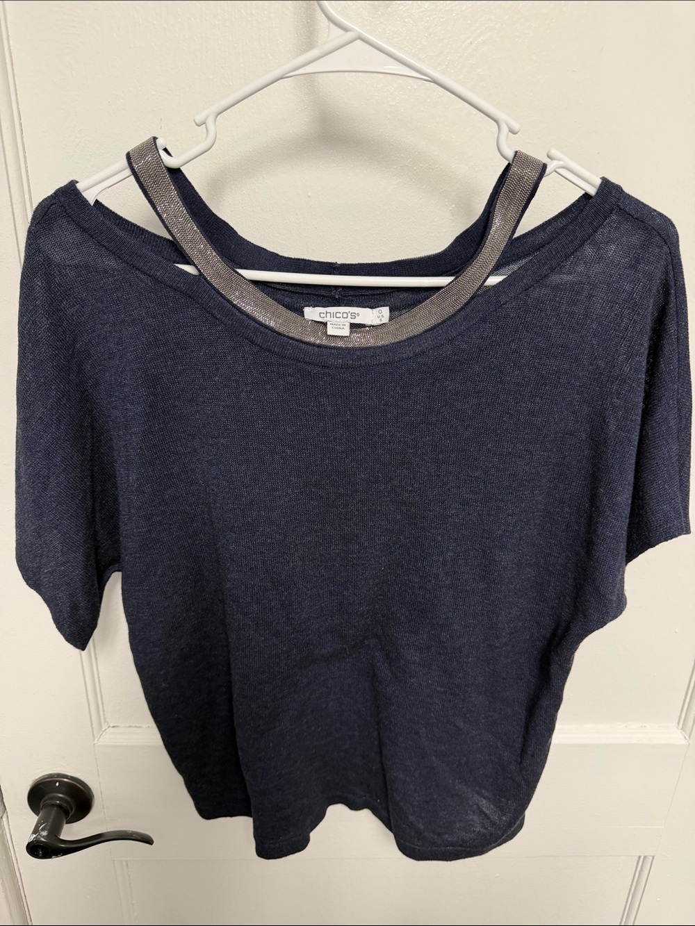 Chico's Navy Short Sleeve Knit Top with Metallic Neck Trim